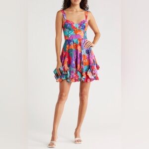 Hutch Floral Scalloped Hem Mini Dress Size 8 Fit Flare Smocked Back Lined